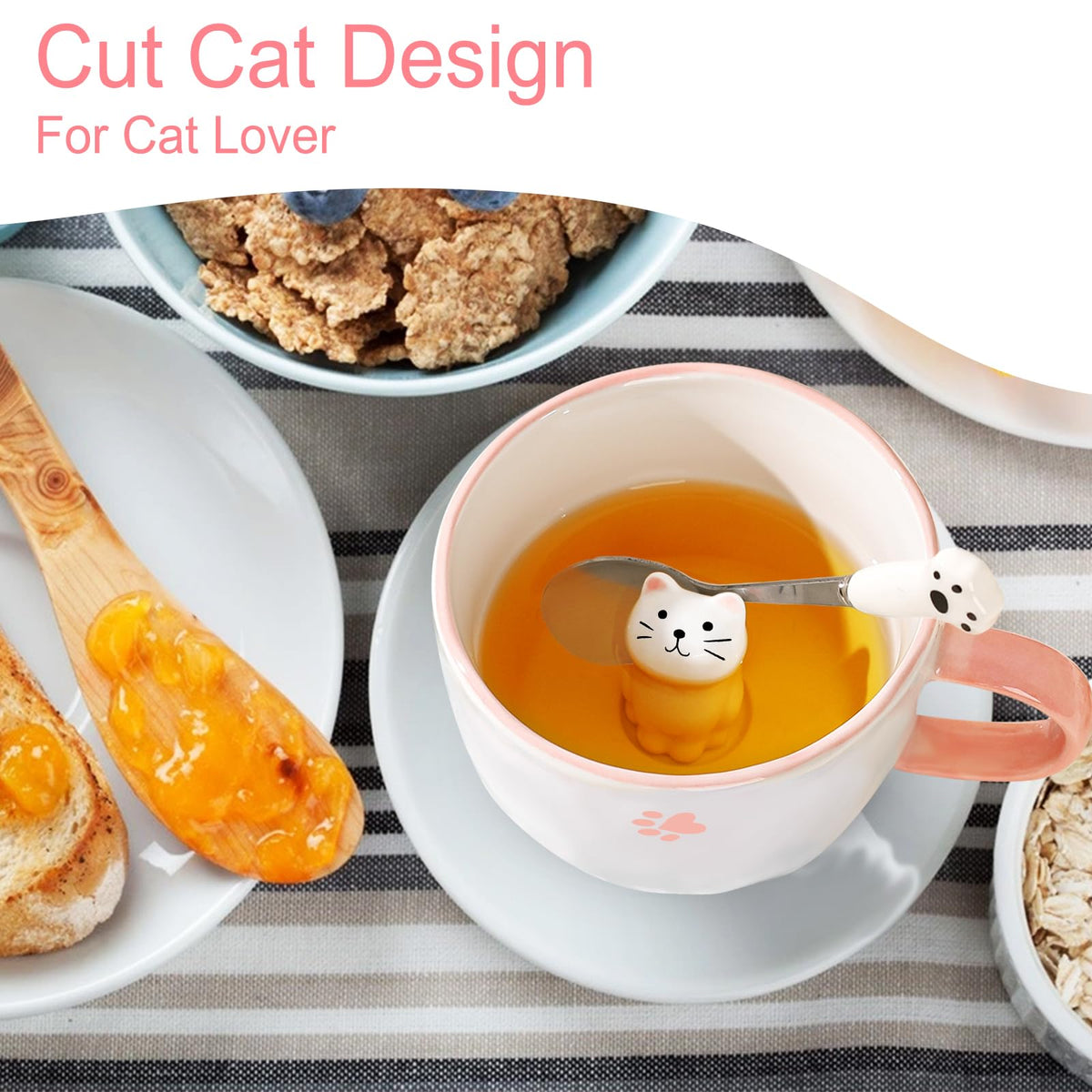 BigNoseDeer Süße Sachen Keramik Katze Kaffeetasse Teetasse Deckel Löffel Lustige Tassen Geschenke für Frauen Kaffeebecher 3D Tasse Personalisiert Cappuccino Tasse Beste Freundin Weihnachten Geschenk