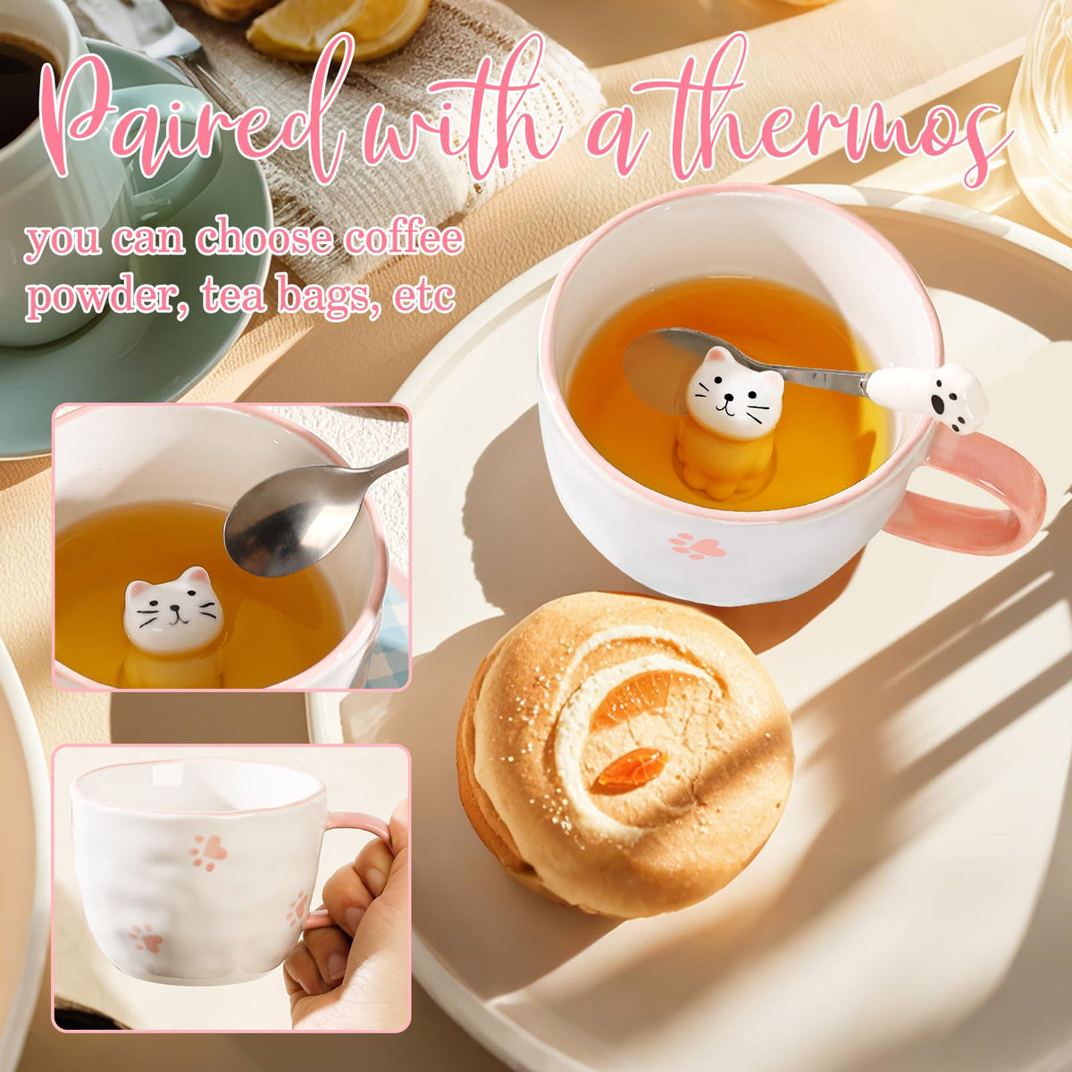 BigNoseDeer Süße Sachen Keramik Katze Kaffeetasse Teetasse Deckel Löffel Lustige Tassen Geschenke für Frauen Kaffeebecher 3D Tasse Personalisiert Cappuccino Tasse Beste Freundin Weihnachten Geschenk