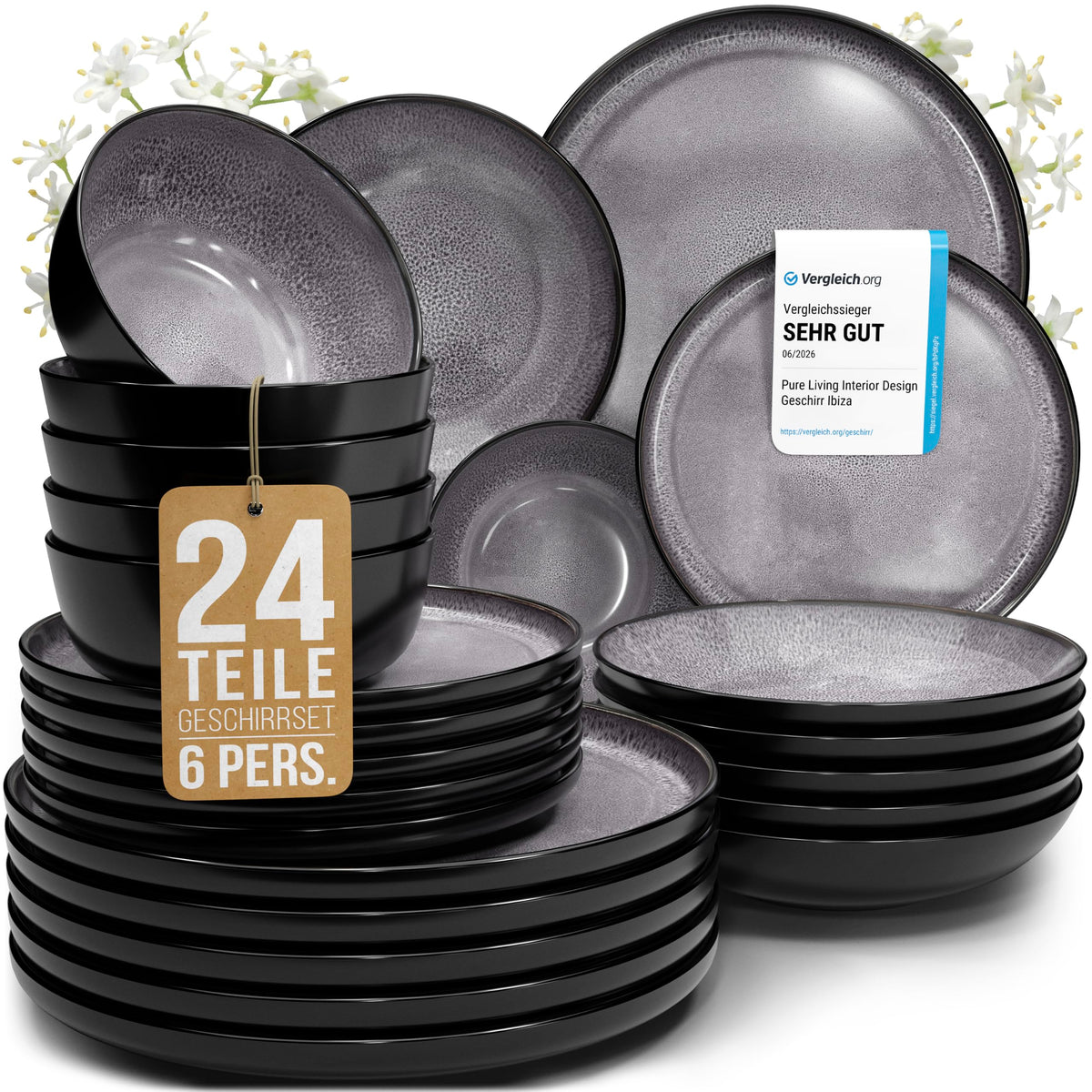 Steingut Geschirrset 6 Personen Ibiza 24 tlg. TESTSIEGER, Traumhaftes Mediterranes Steingut Geschirr Set, Schüssel- und Teller Set, Tafelservice 6 Personen, Geschirrsets Pure Living in Grau
