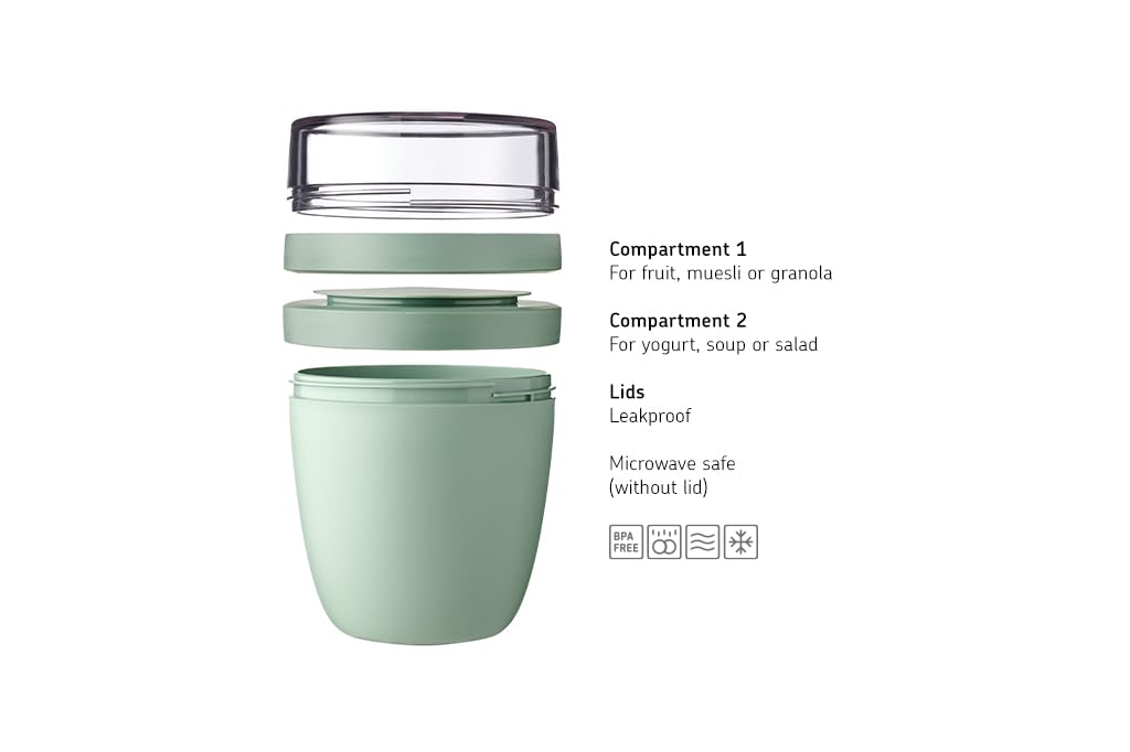 Mepal Müslibecher to go, praktischer Joghurtbecher to go - Unterteilung für Joghurt & Müsli - Geeignet für Gefrierschrank, Mikrowelle & Spülmaschine - 500 ml + 200 ml - Nordic Sage